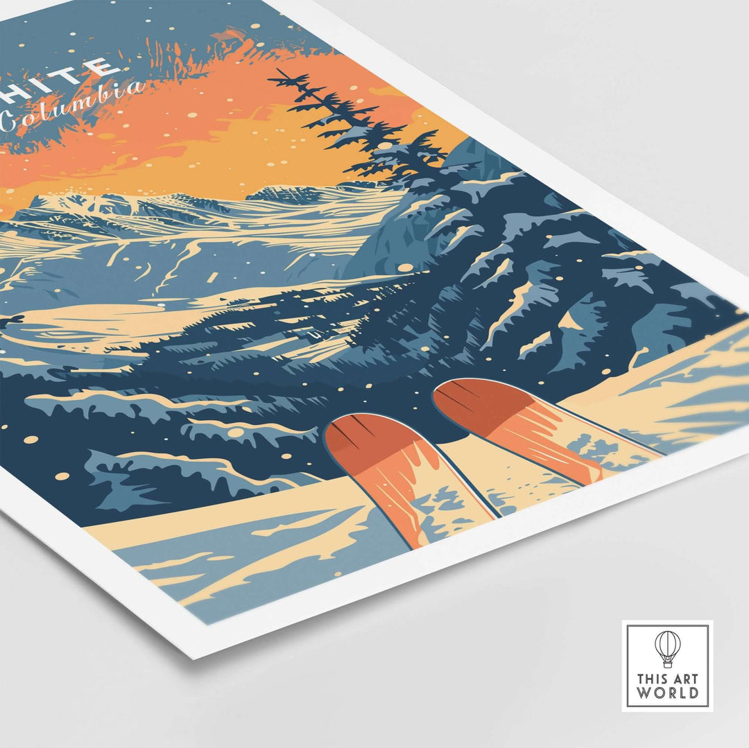 Big White Travel Poster featuring snowy landscapes and skis, celebrating British Columbia’s beauty and adventure.