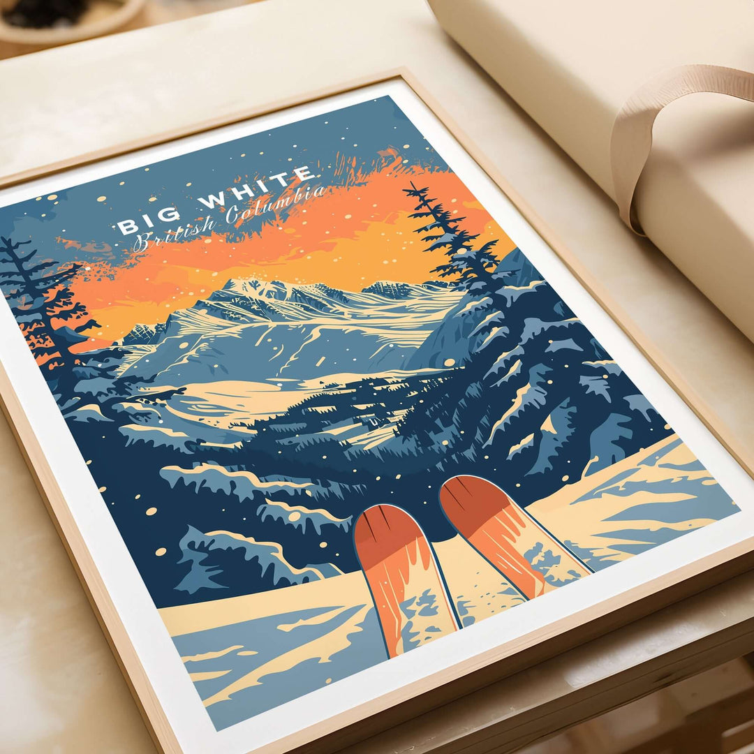 Big White Travel Poster showcasing British Columbia's stunning landscapes and vibrant sunset over snowy mountains.