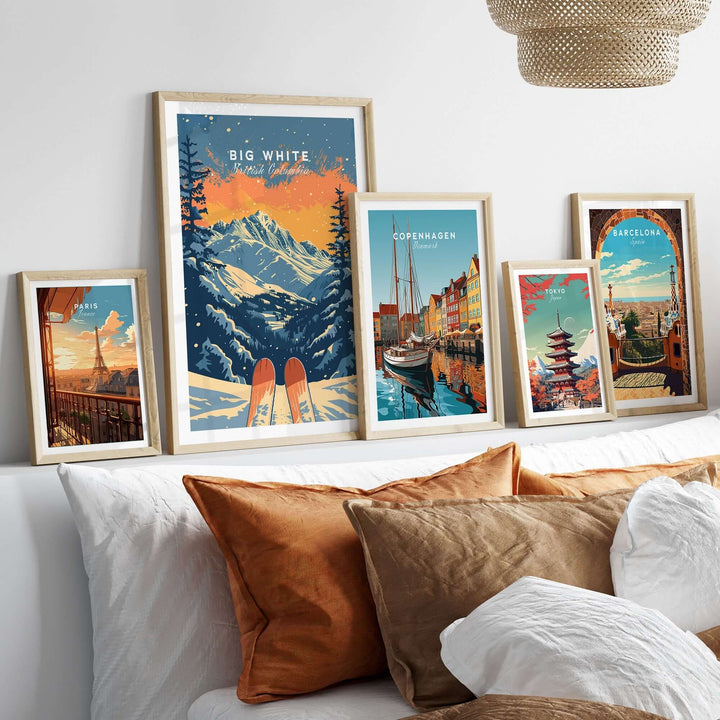 Big White travel poster along with framed posters of Copenhagen and Barcelona displayed on a decorative wall.