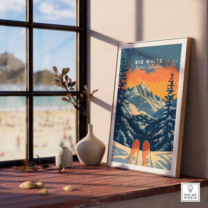 Big White Travel Poster showcasing British Columbia's mountains and ski culture, framed by a window with a beach view.