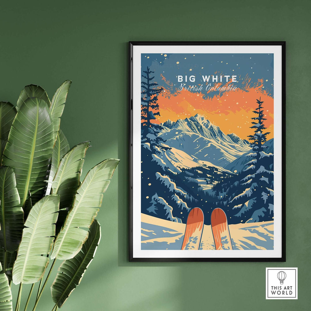 Big White travel poster showcasing stunning mountain landscapes and skiing adventure in British Columbia. Perfect for decor.