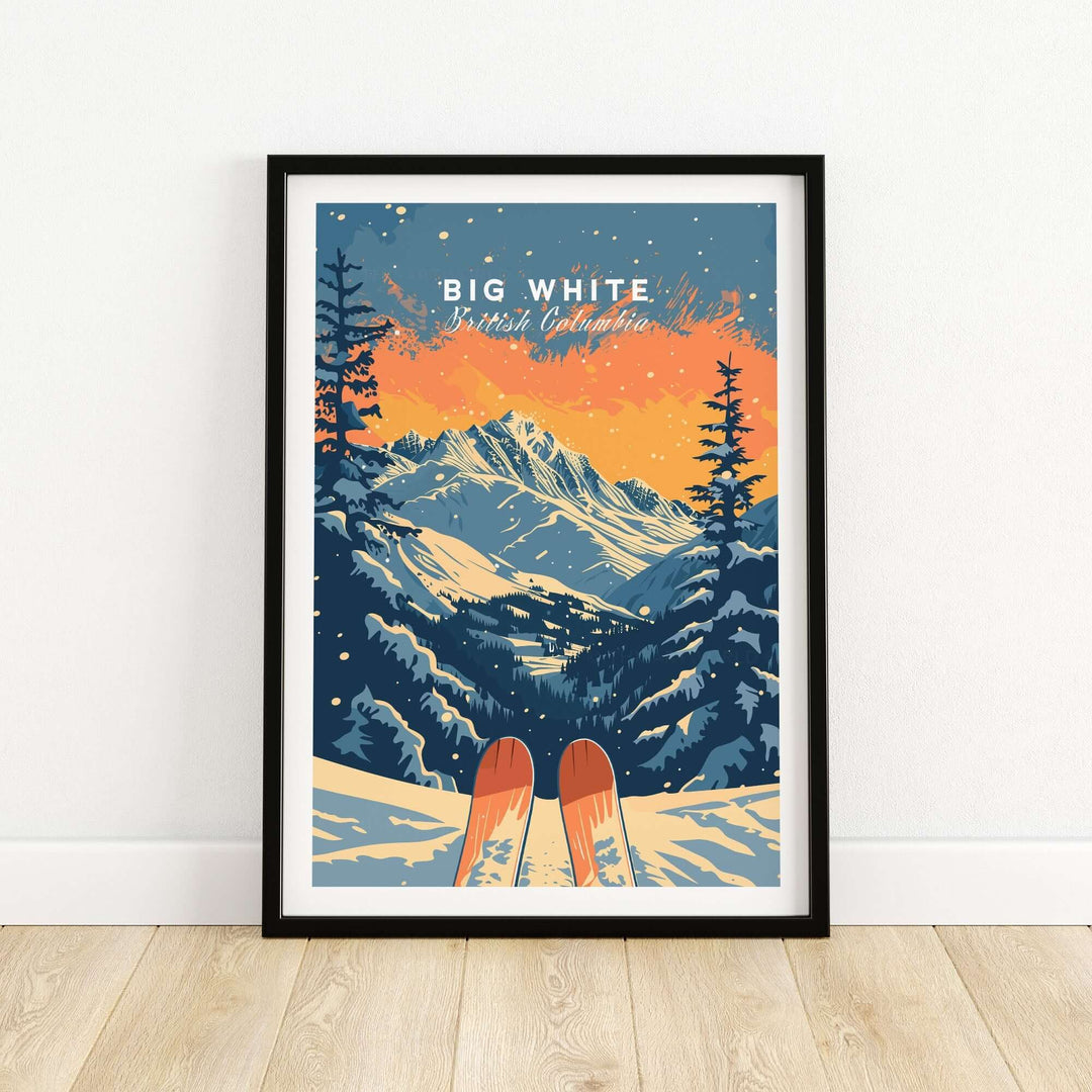 Big White travel poster showcasing snowy mountains and ski gear, perfect for adding wanderlust to home decor.