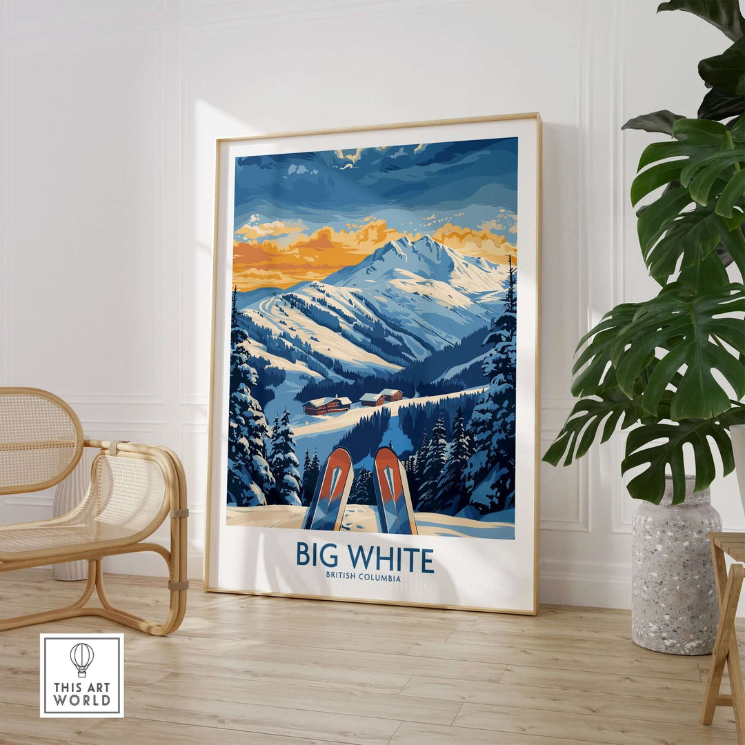 Big White Wall Art Print featuring snowy mountains in British Columbia, displaying a scenic ski poster in a stylish room setting.