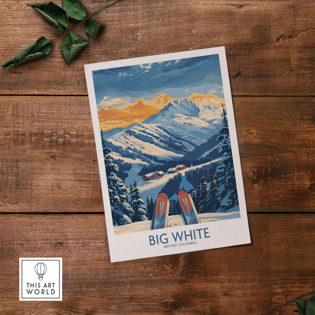 Big White Wall Art Print showcasing British Columbia's ski landscape, featuring snowy mountains and vibrant skies on a wooden surface.