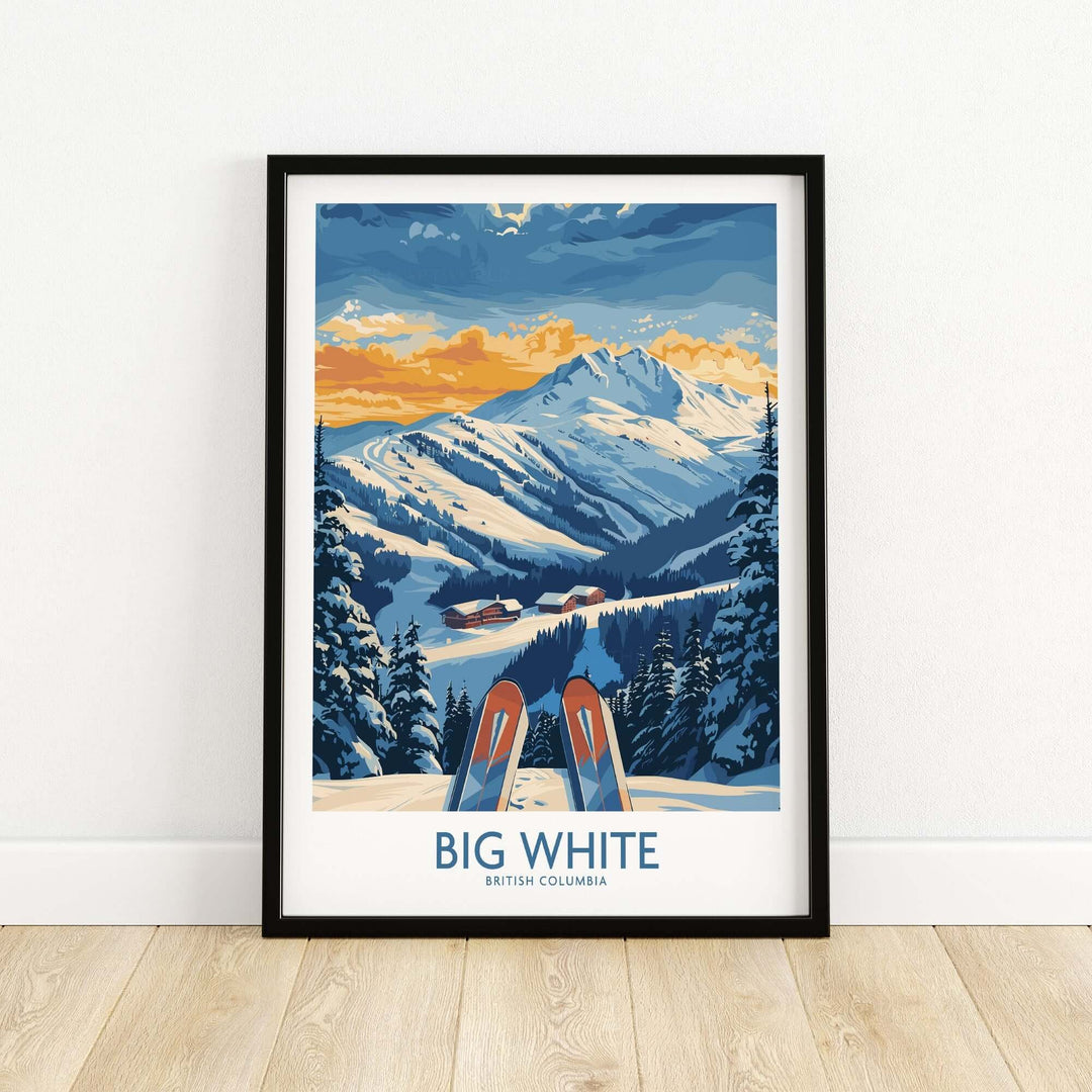 Big White Ski Poster Art Print featuring British Columbia's stunning snowy mountain landscape, perfect for nature lovers.