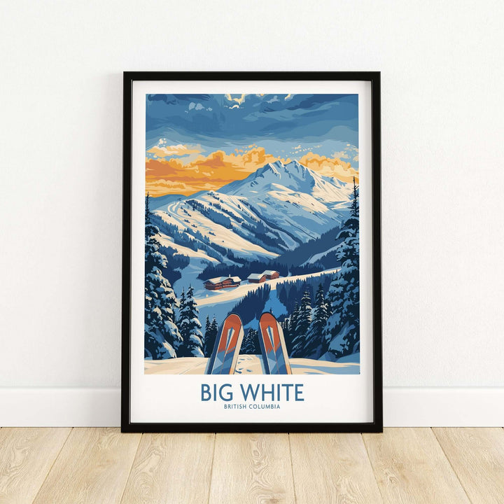 Big White Ski Poster Art Print featuring British Columbia's stunning snowy mountain landscape, perfect for nature lovers.