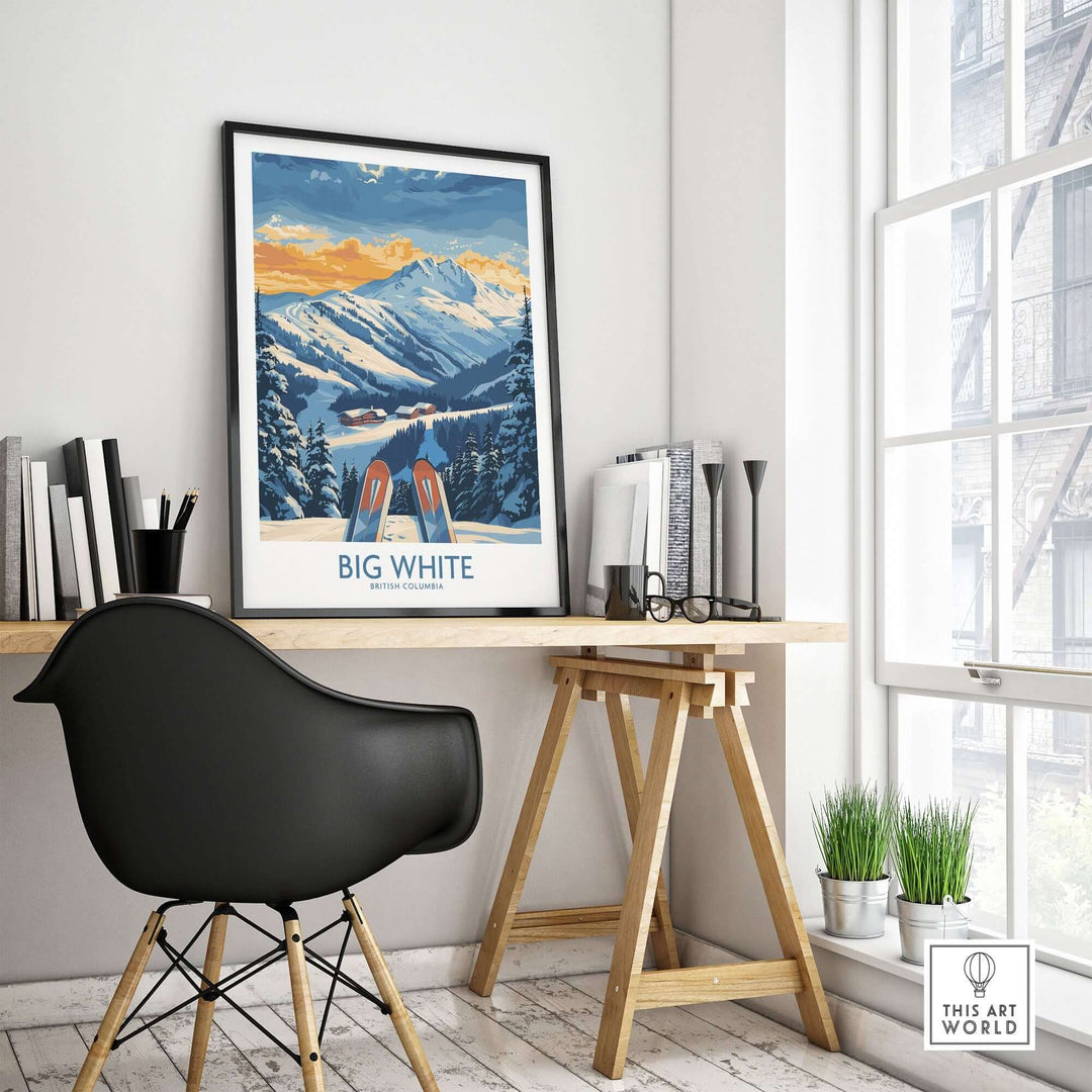 Big White ski poster in stylish home office setting, featuring British Columbia's stunning mountain landscape wall art print.