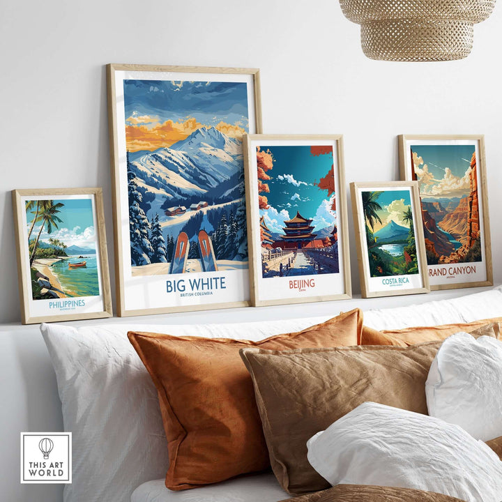 Home interior with various framed art prints, featuring Big White, British Columbia ski poster as the centerpiece.