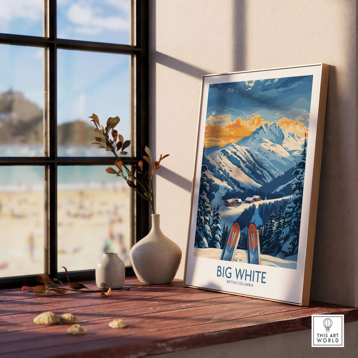 Big White wall art print featuring British Columbia's snowy mountains and ski scene on a windowsill. Perfect ski poster decor.