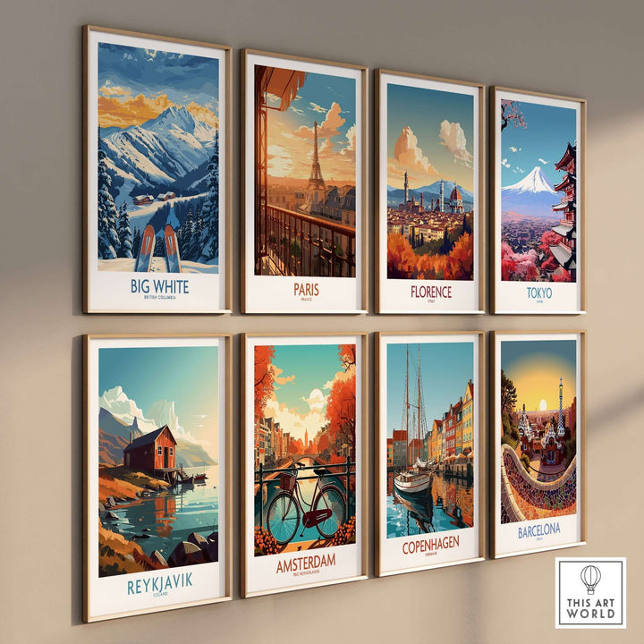 Wall display with travel-themed art prints featuring Big White, Paris, Florence, Tokyo, Reykjavik, Amsterdam, Copenhagen, and Barcelona.