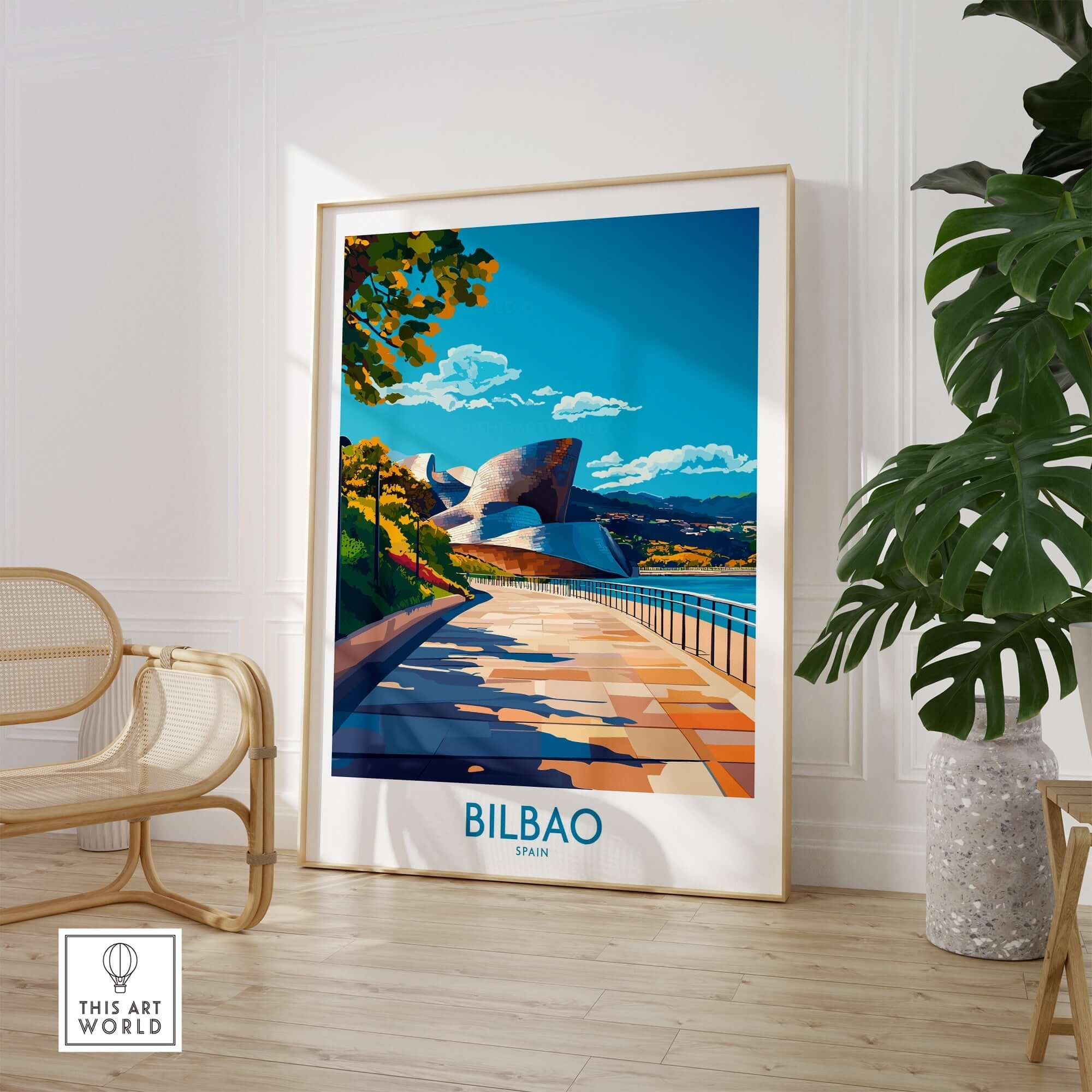 Bilbao Poster displayed in a stylish room featuring vibrant colors and cultural design with text Bilbao Spain.