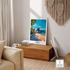 Bilbao Poster displayed in a cozy living room, showcasing vibrant colors and artistic design.