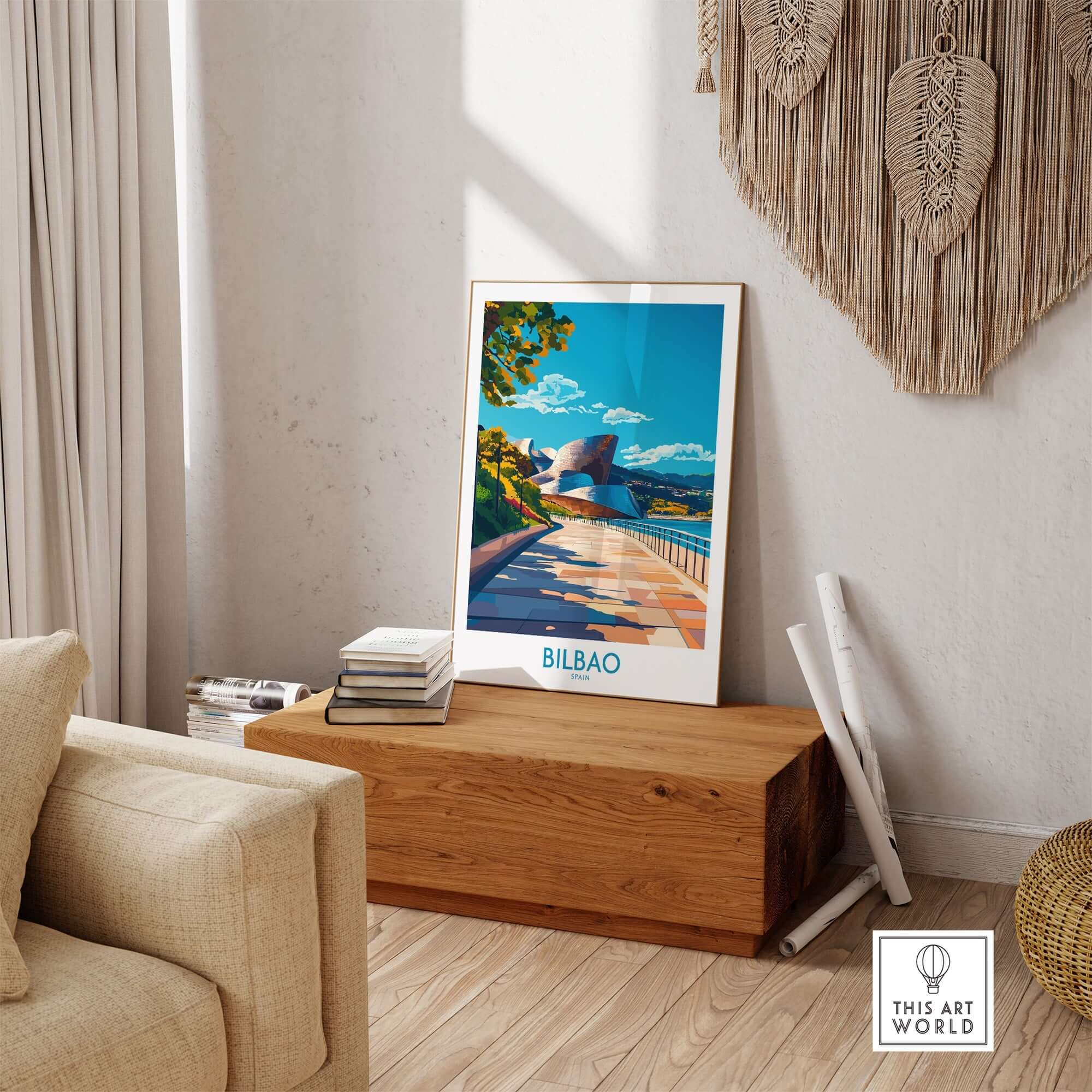 Bilbao Poster displayed in a cozy living room, showcasing vibrant colors and artistic design.