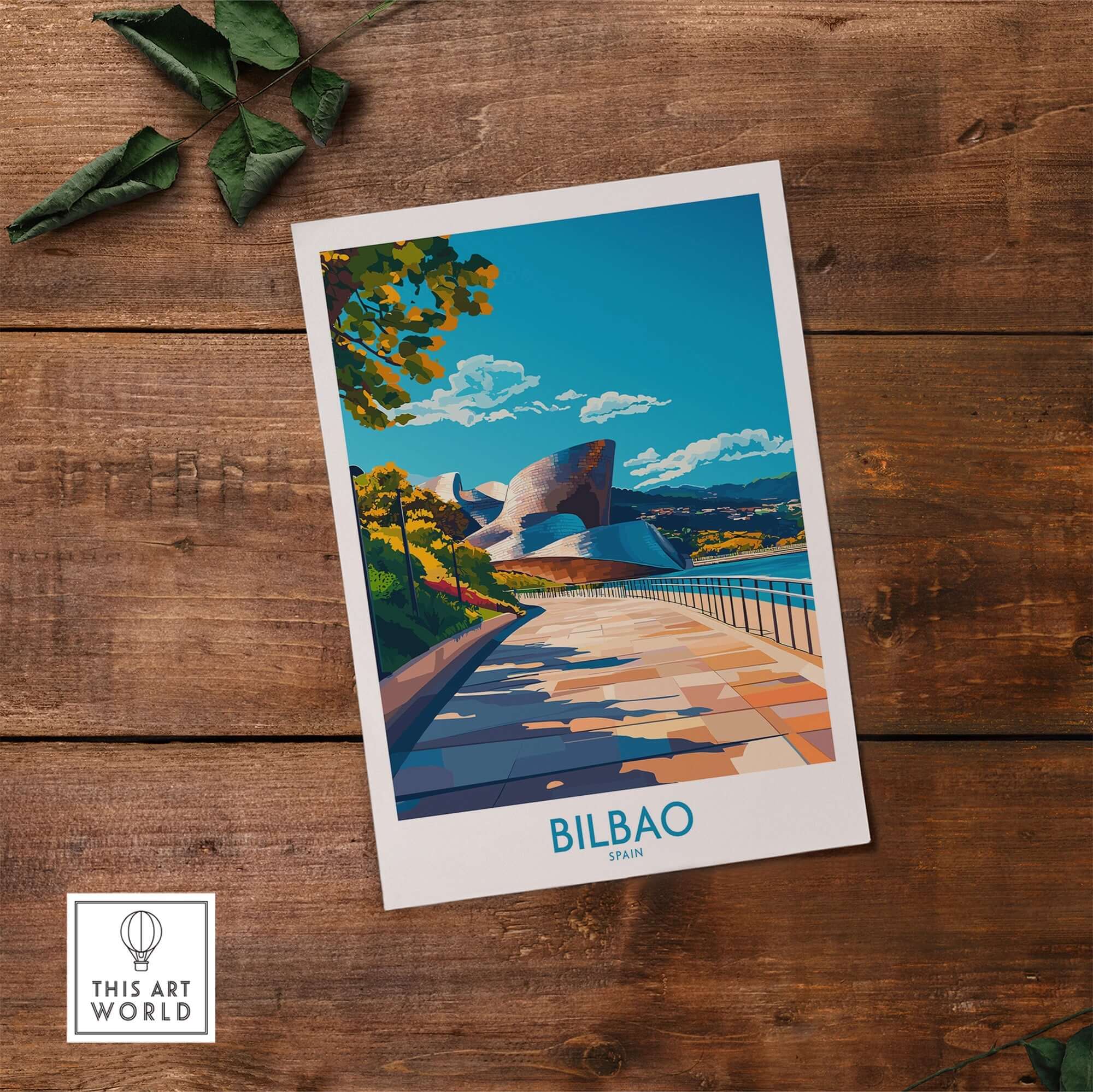 Bilbao Poster showcasing a scenic view of Bilbao, Spain with vibrant colors and artistic design on a wooden table.