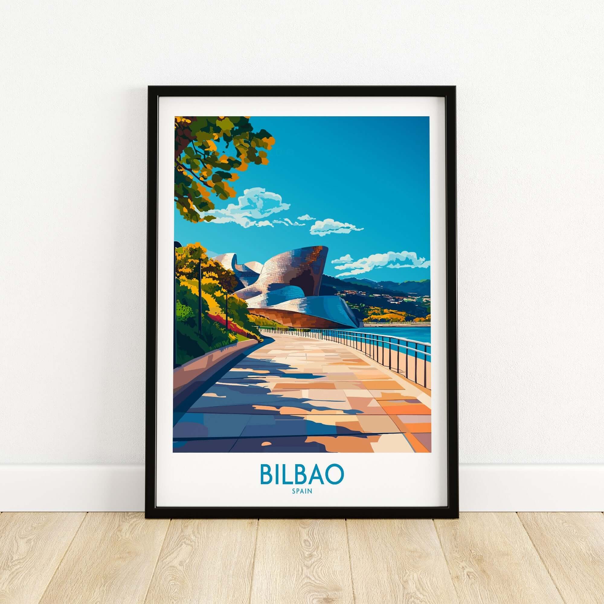 Bilbao Poster featuring a vibrant art print of the iconic Bilbao landscape with a modern twist.