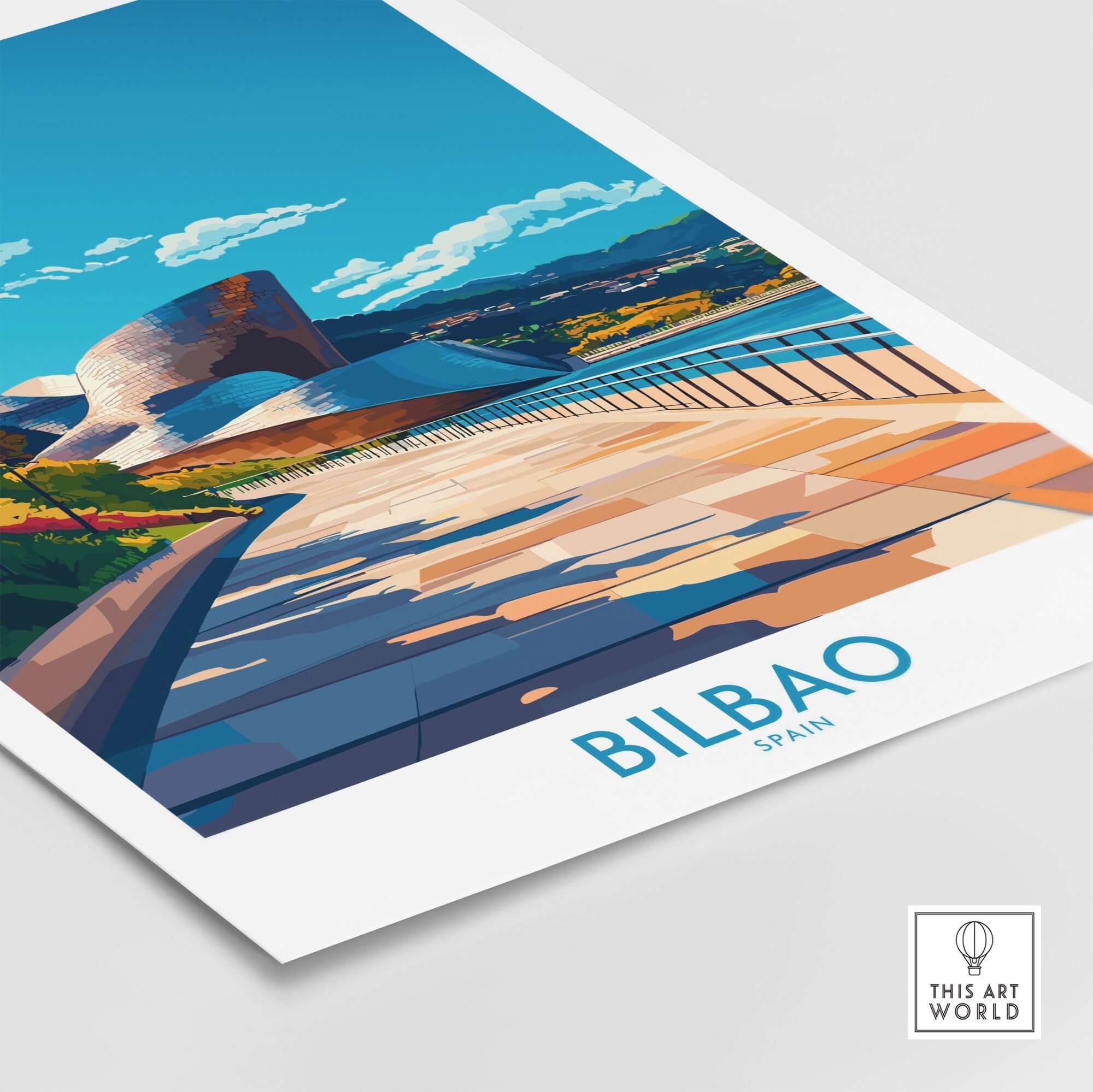 Bilbao Poster showcasing a vibrant view of Bilbao, Spain, with artistic elements enhancing the design.
