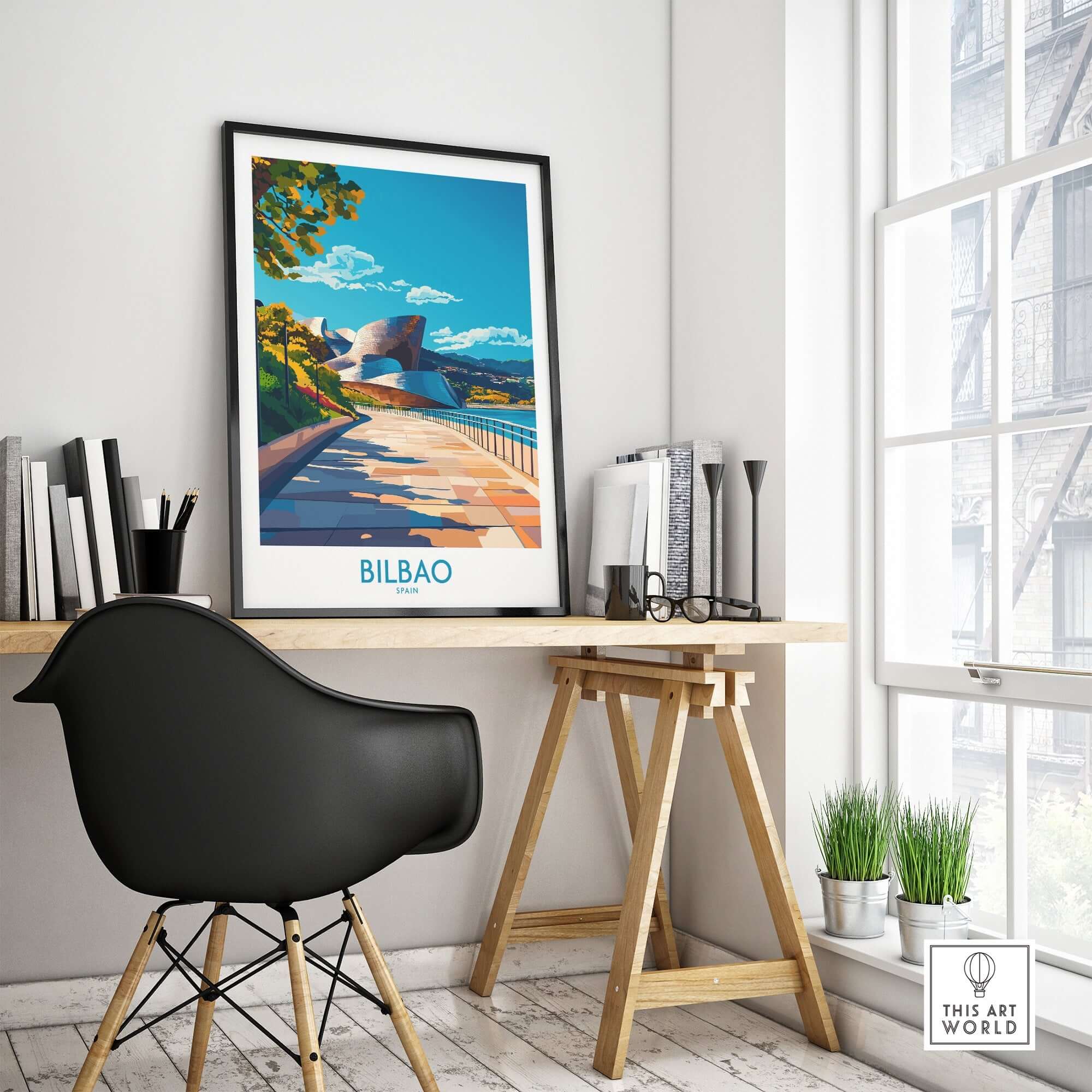 Bilbao Poster displayed in a stylish workspace, featuring a beautiful landscape design and modern decor.