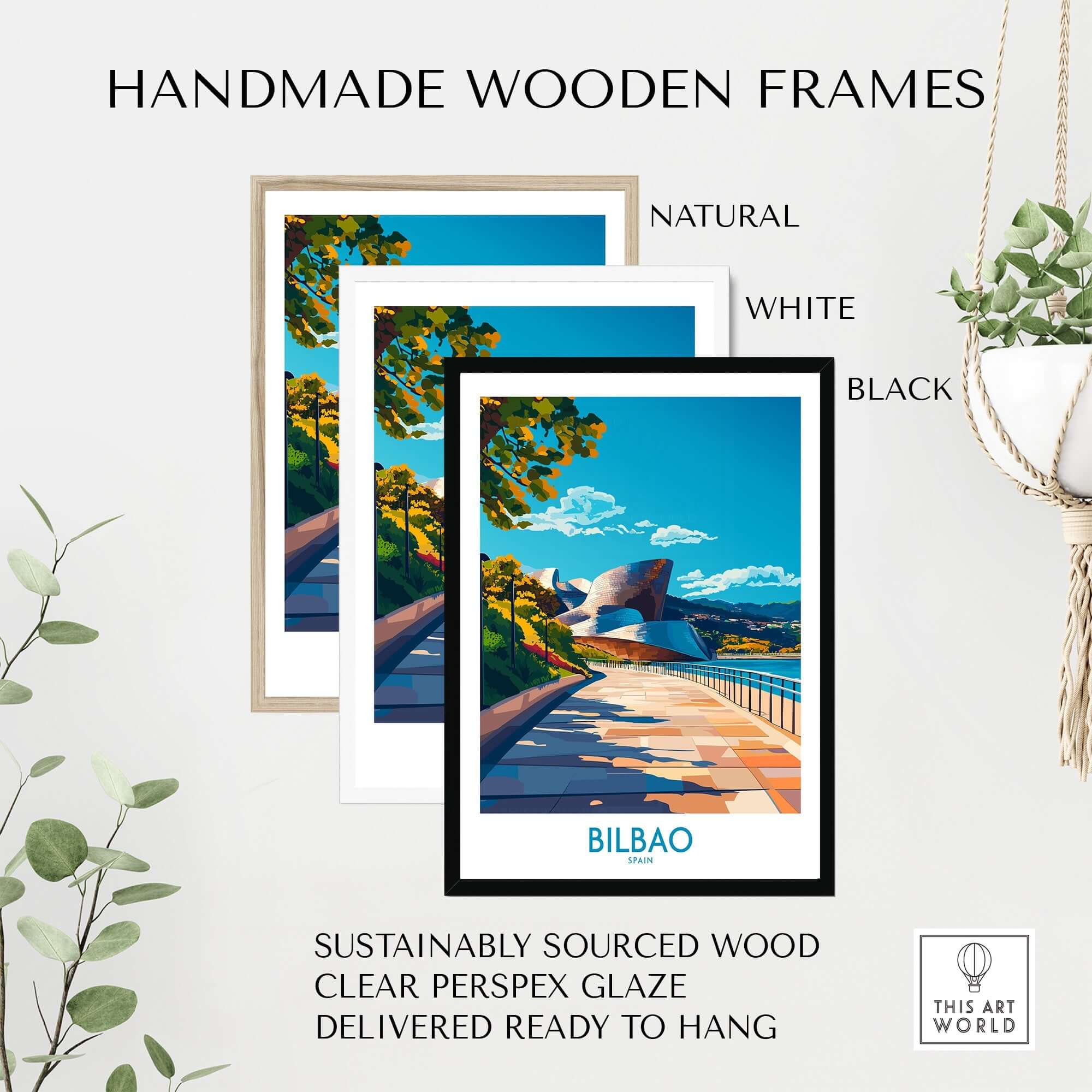 Handmade frames in natural, white, and black for Bilbao Poster, featuring sustainable wood and clear perspex glaze.