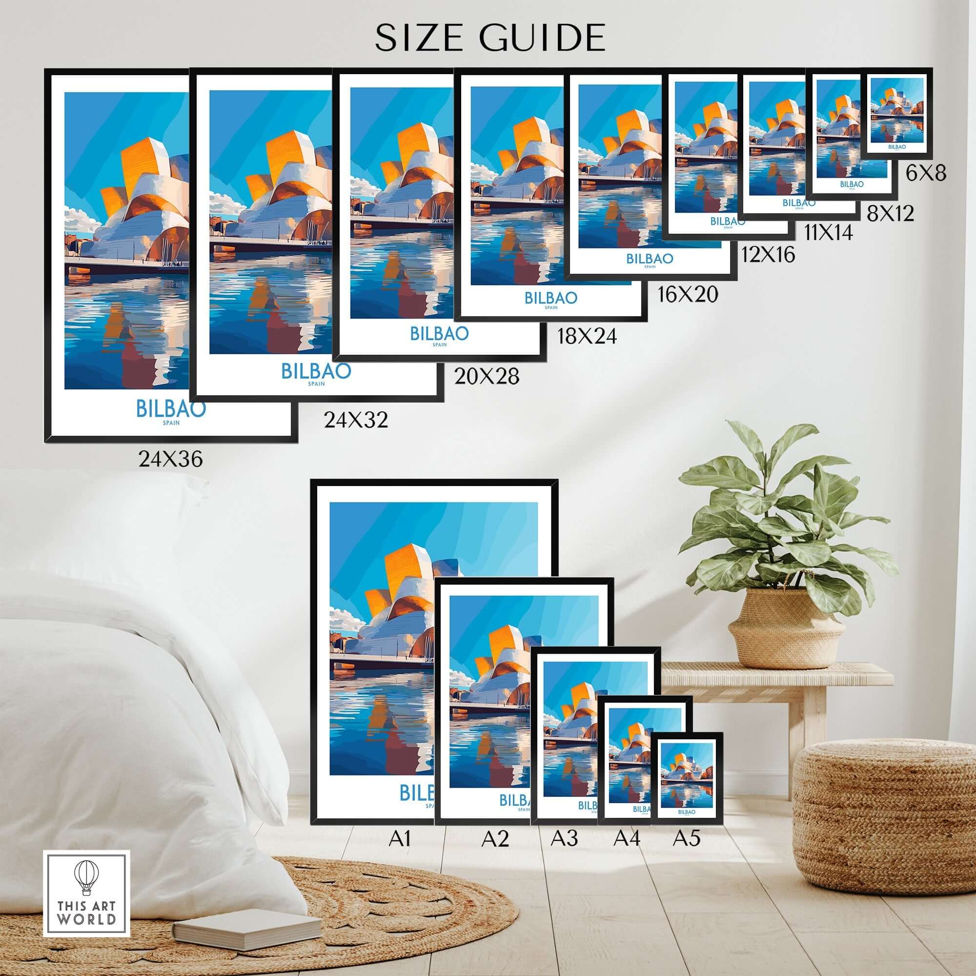 Bilbao Poster Spain size guide showcasing various dimensions for home decor.