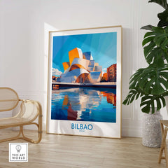 Bilbao Poster Spain featuring the iconic Guggenheim Museum and colorful reflections in water.