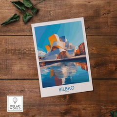 Bilbao Poster Spain showcasing the iconic Guggenheim Museum on a vibrant background.