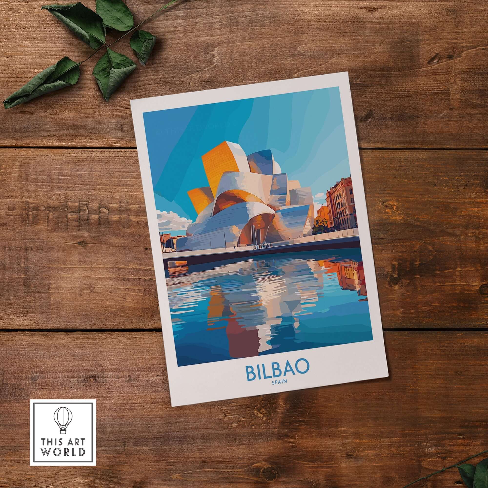 Bilbao Poster Spain showcasing the iconic Guggenheim Museum on a vibrant background.