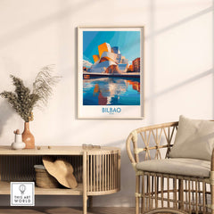 Bilbao Poster Spain featuring the iconic Guggenheim Museum against a vibrant backdrop in a stylish interior setting.