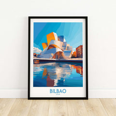 Bilbao Poster Spain showcasing the stunning architecture of Bilbao with vibrant colors and reflections in water.