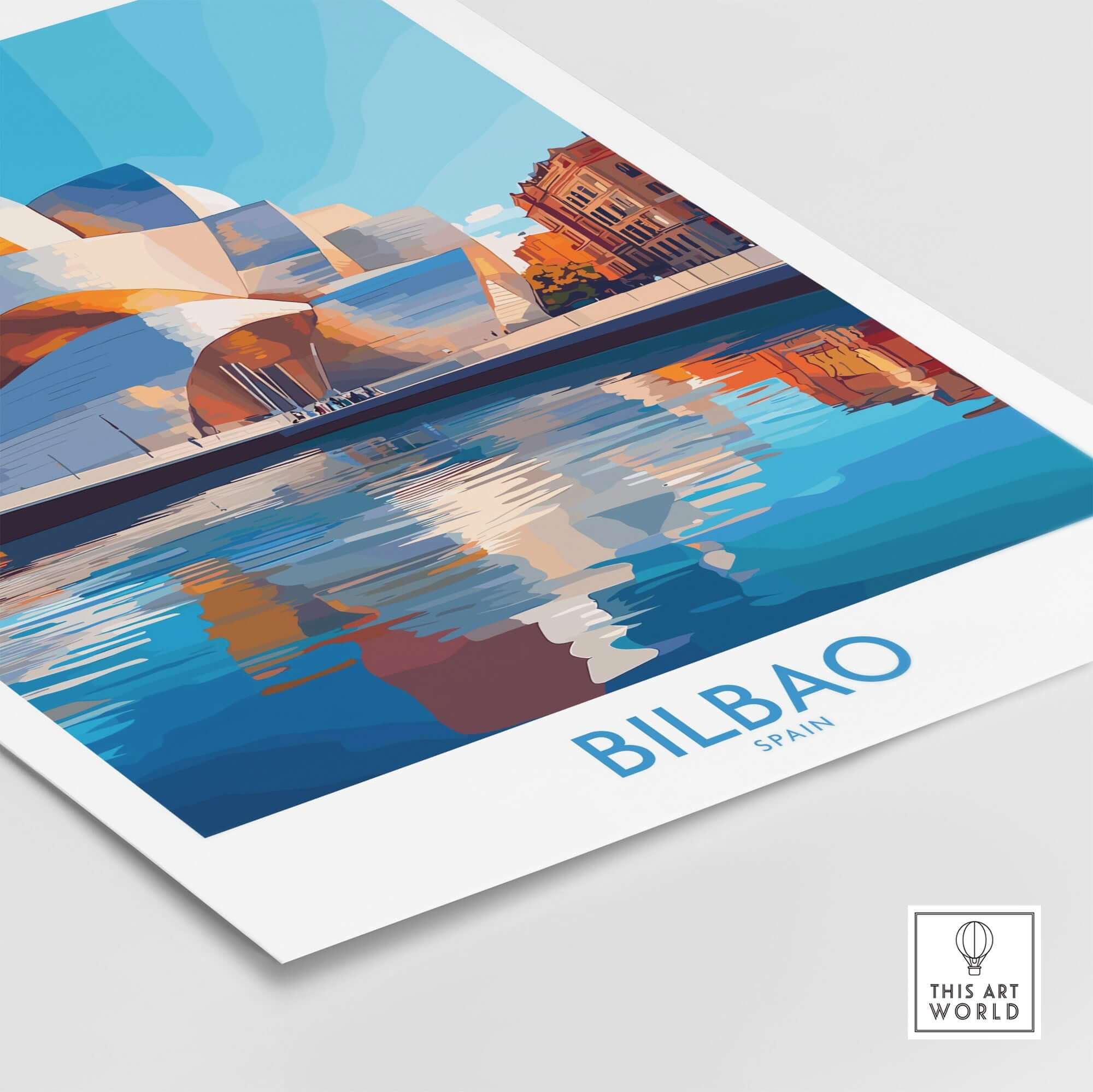 Bilbao Poster Spain showcasing the vibrant architecture and reflections in the water, perfect for home decor.