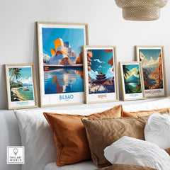 Bilbao Poster Spain displayed among other travel posters on a modern shelf, showcasing European charm and wanderlust.