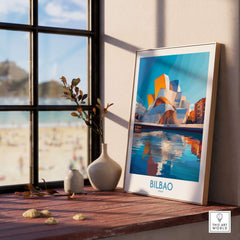 Bilbao Poster Spain showcasing the stunning Guggenheim Museum beside a sunny beach, adding charm to home decor.
