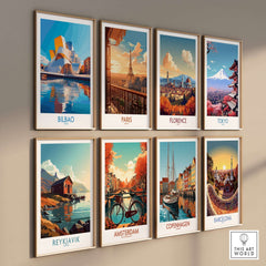 Bilbao Poster Spain displayed among various city posters like Paris, Florence, and Tokyo showcasing vibrant artwork.