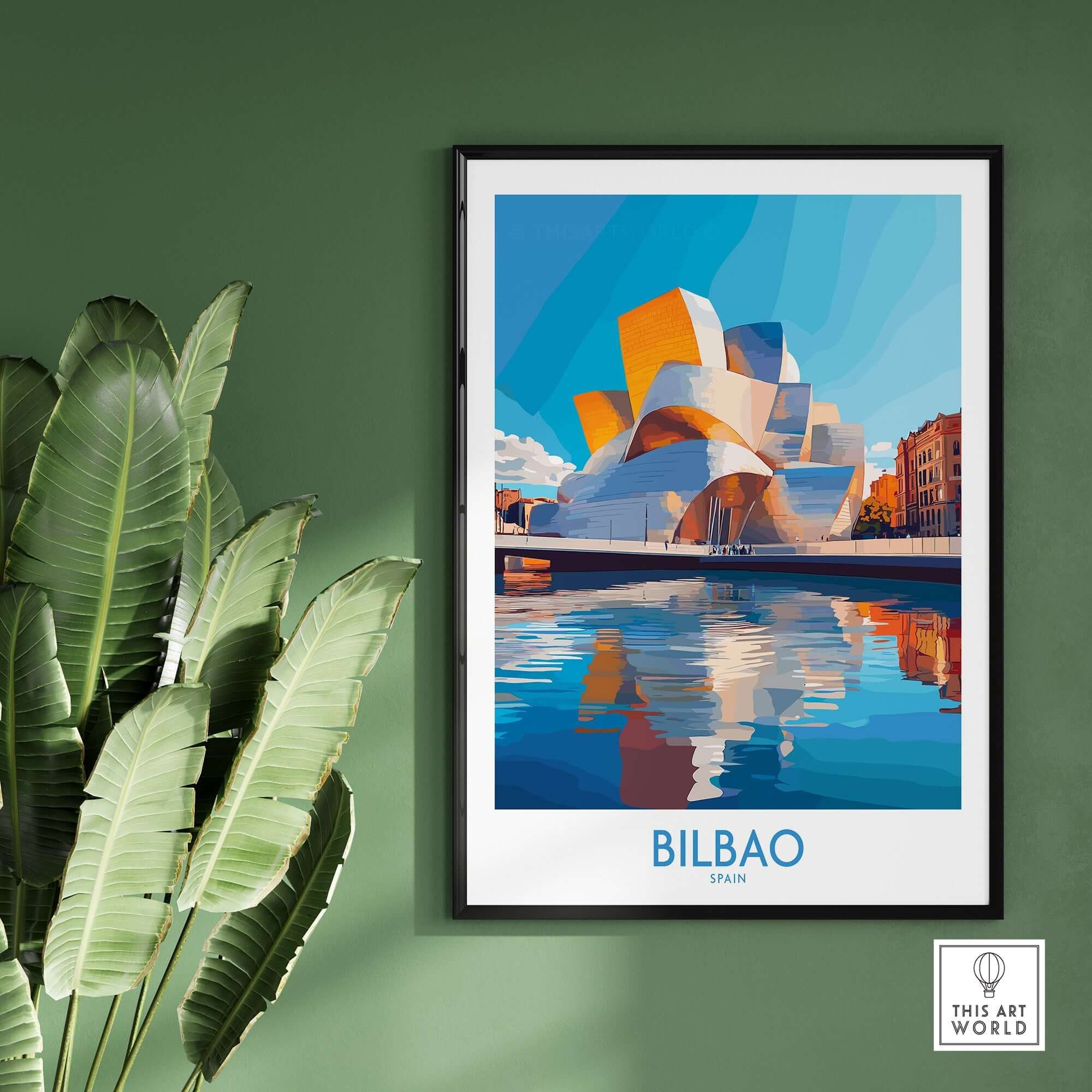 Bilbao Poster Spain showcasing the iconic Guggenheim Museum and colorful reflections on water.