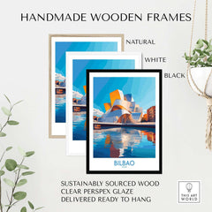 Handmade wooden frames in natural, white, and black for Bilbao Poster Spain with sustainable materials.