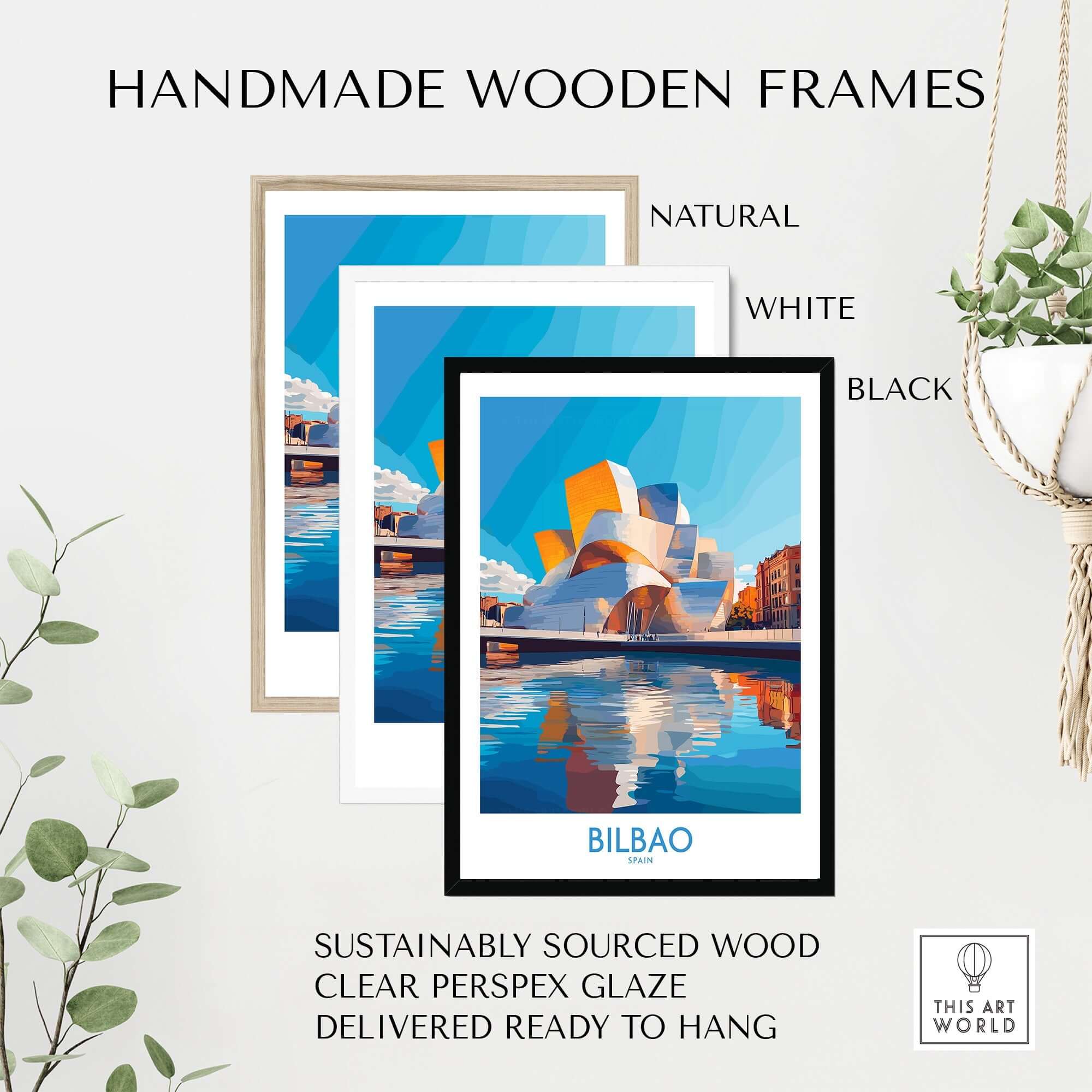 Handmade wooden frames in natural, white, and black for Bilbao Poster Spain with sustainable materials.