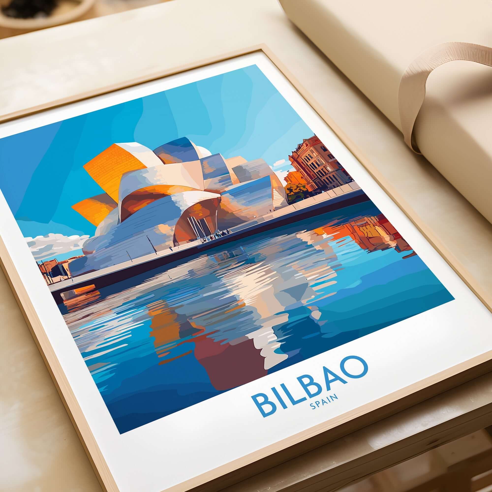 Bilbao Poster Spain showcasing the iconic Guggenheim Museum reflected in water.