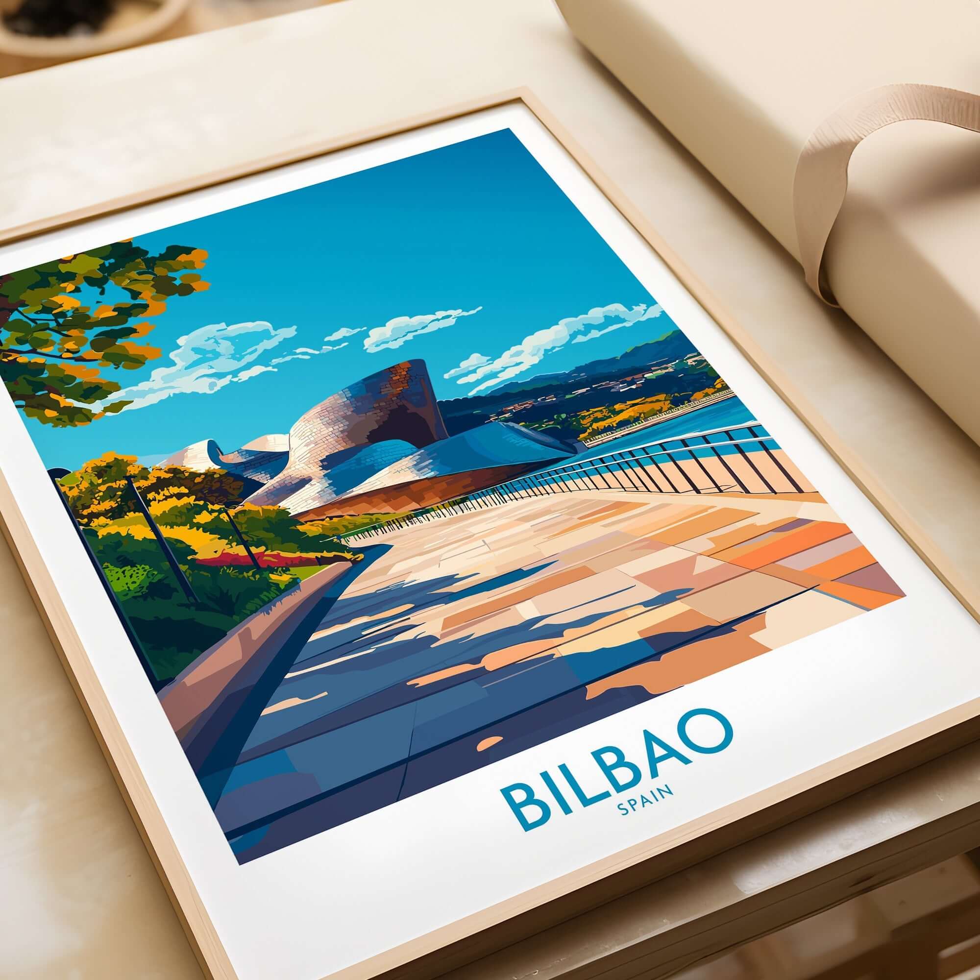 Bilbao Poster featuring a vibrant illustration of the cityscape and architecture of Bilbao, Spain.
