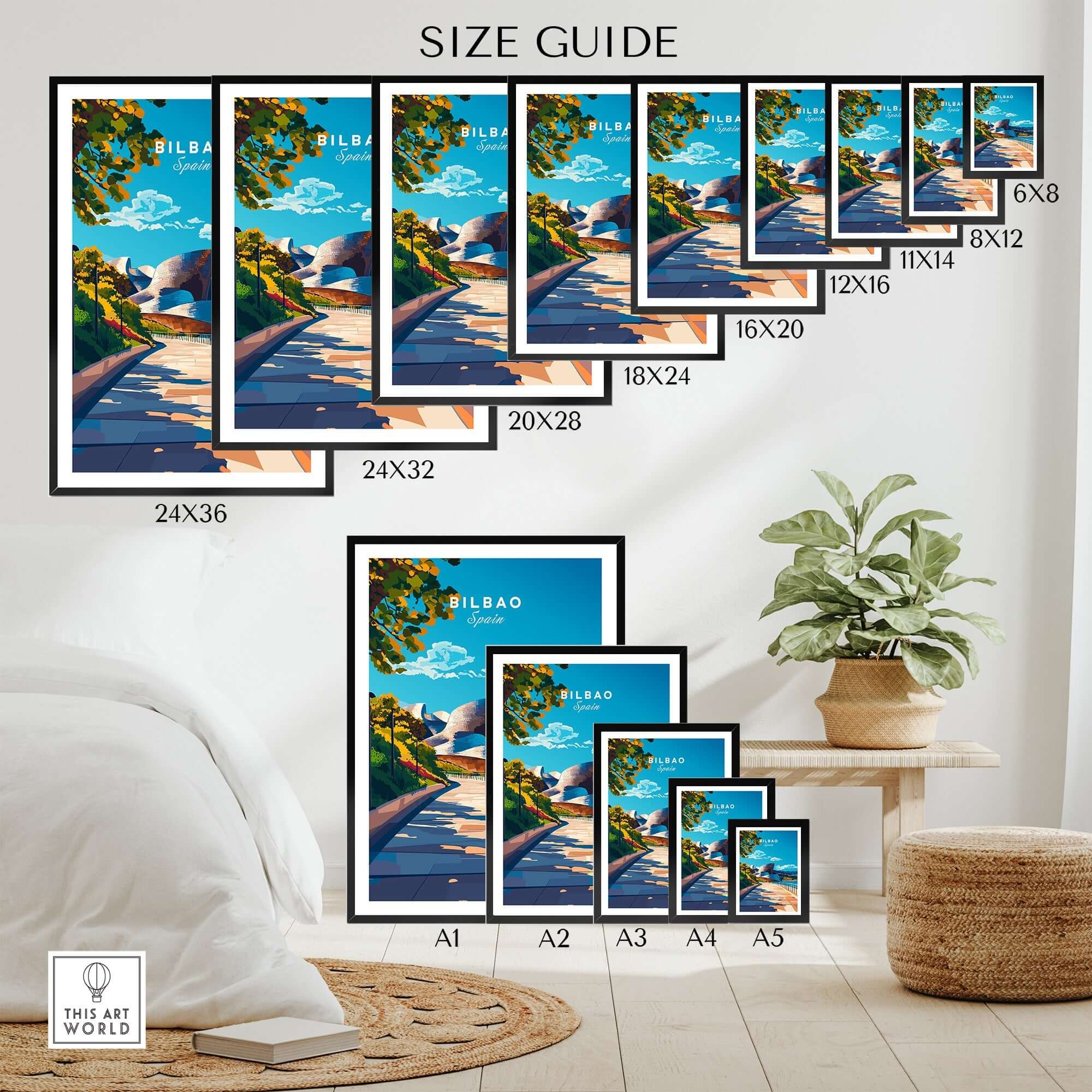 Bilbao Print size guide showcasing various frame sizes for the vibrant Bilbao Print poster in a stylish room.