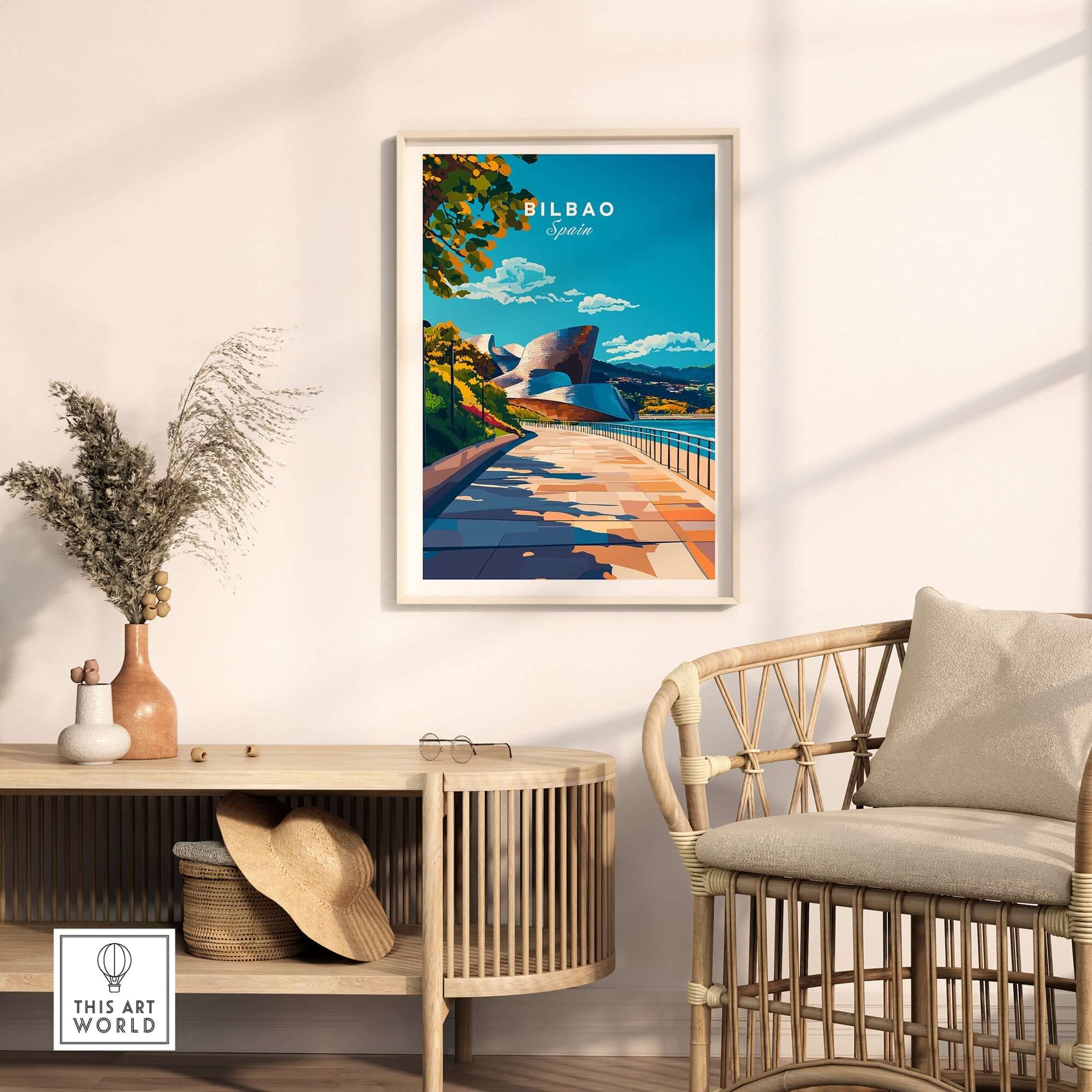 Bilbao Print poster displayed in a stylish living room setting, adding vibrant energy to the decor.