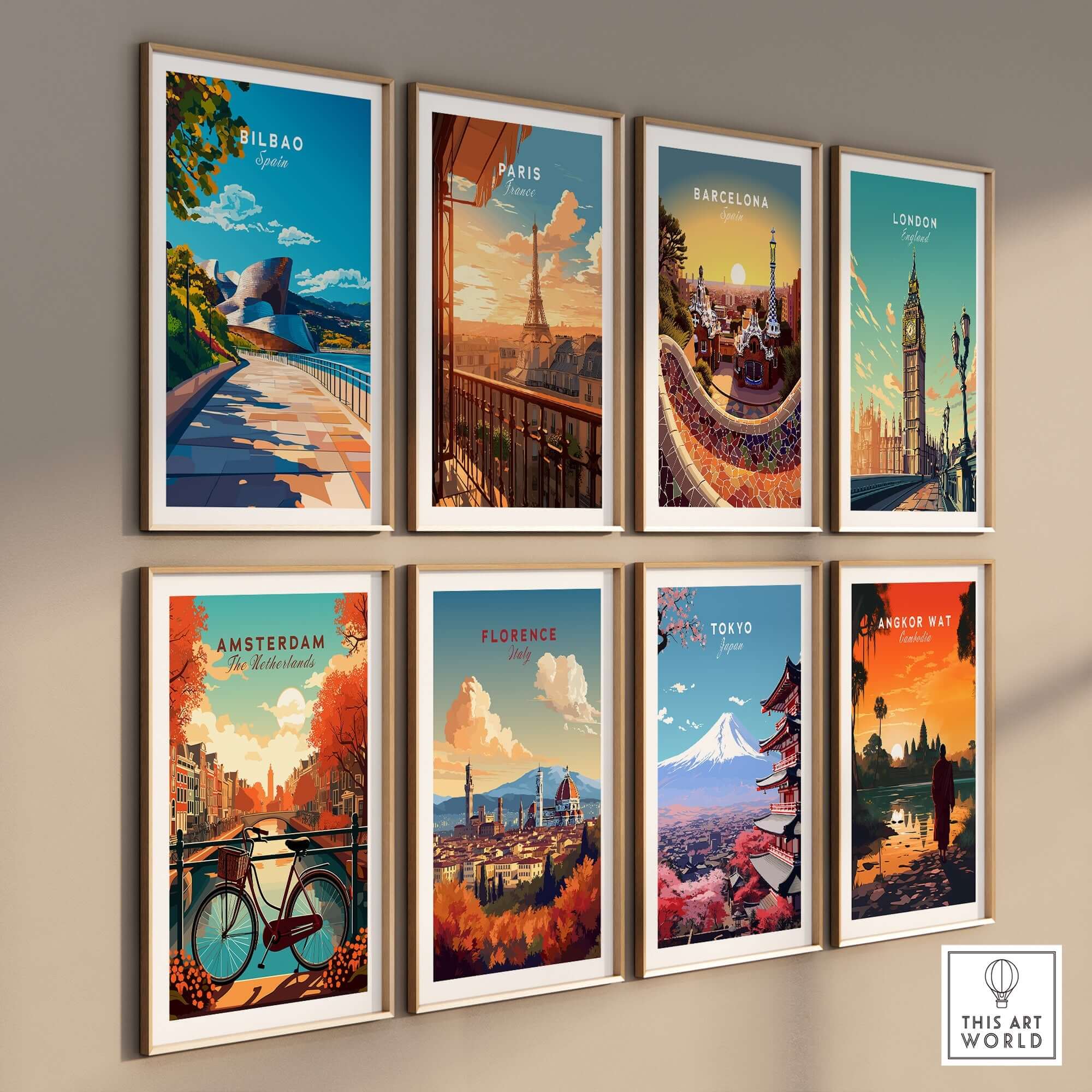 Stunning Bilbao Print and city-themed art posters displayed on a wall.