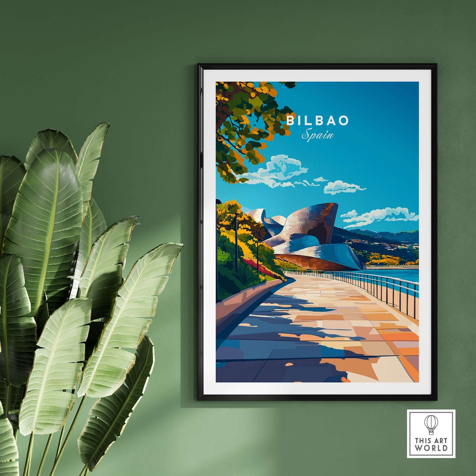 Vibrant Bilbao Print poster showcasing the iconic architecture of Bilbao, Spain, perfect for art lovers.