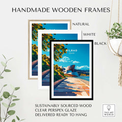 Three handmade wooden frames in natural, white, and black styles showcasing the Bilbao Print poster.