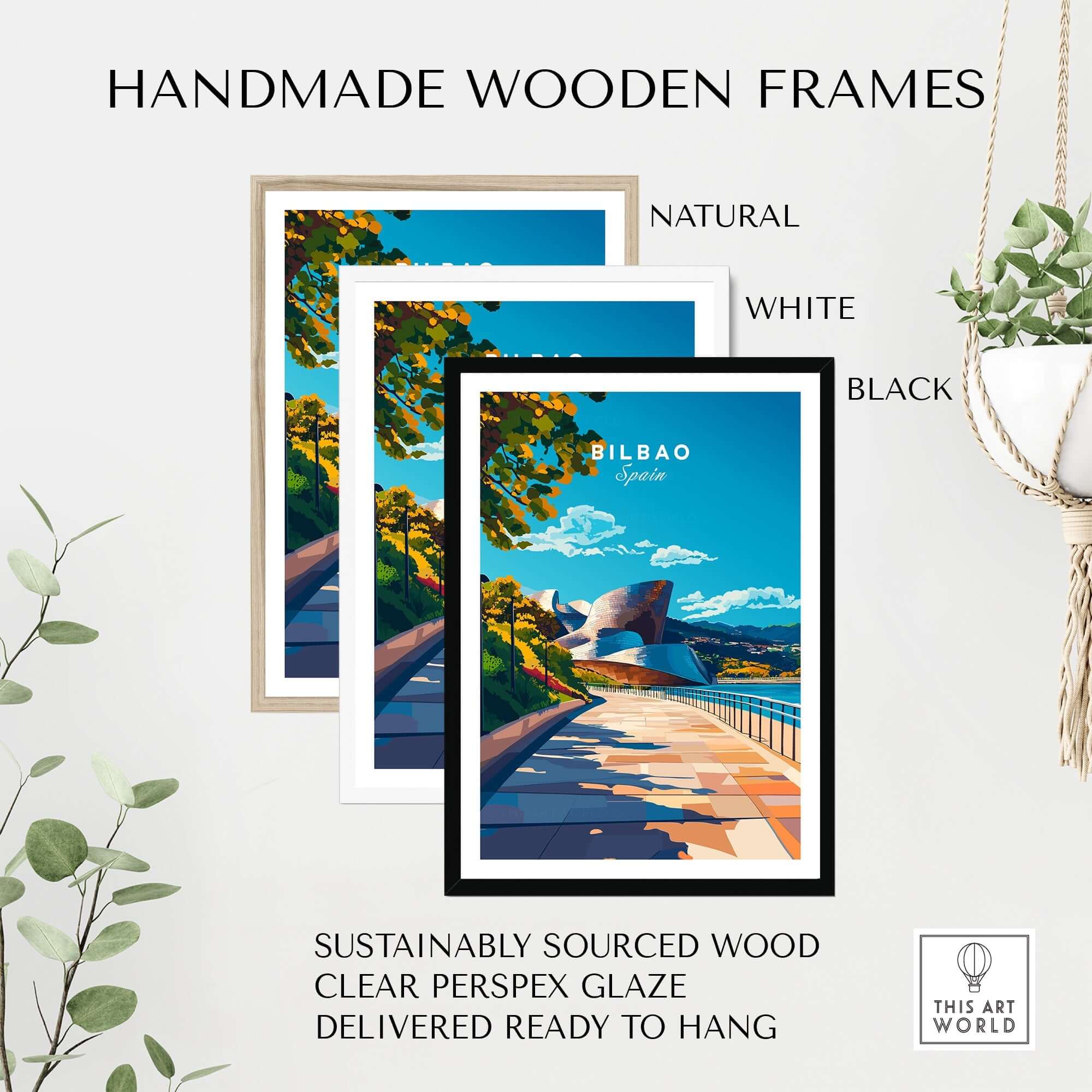 Three handmade wooden frames in natural, white, and black styles showcasing the Bilbao Print poster.