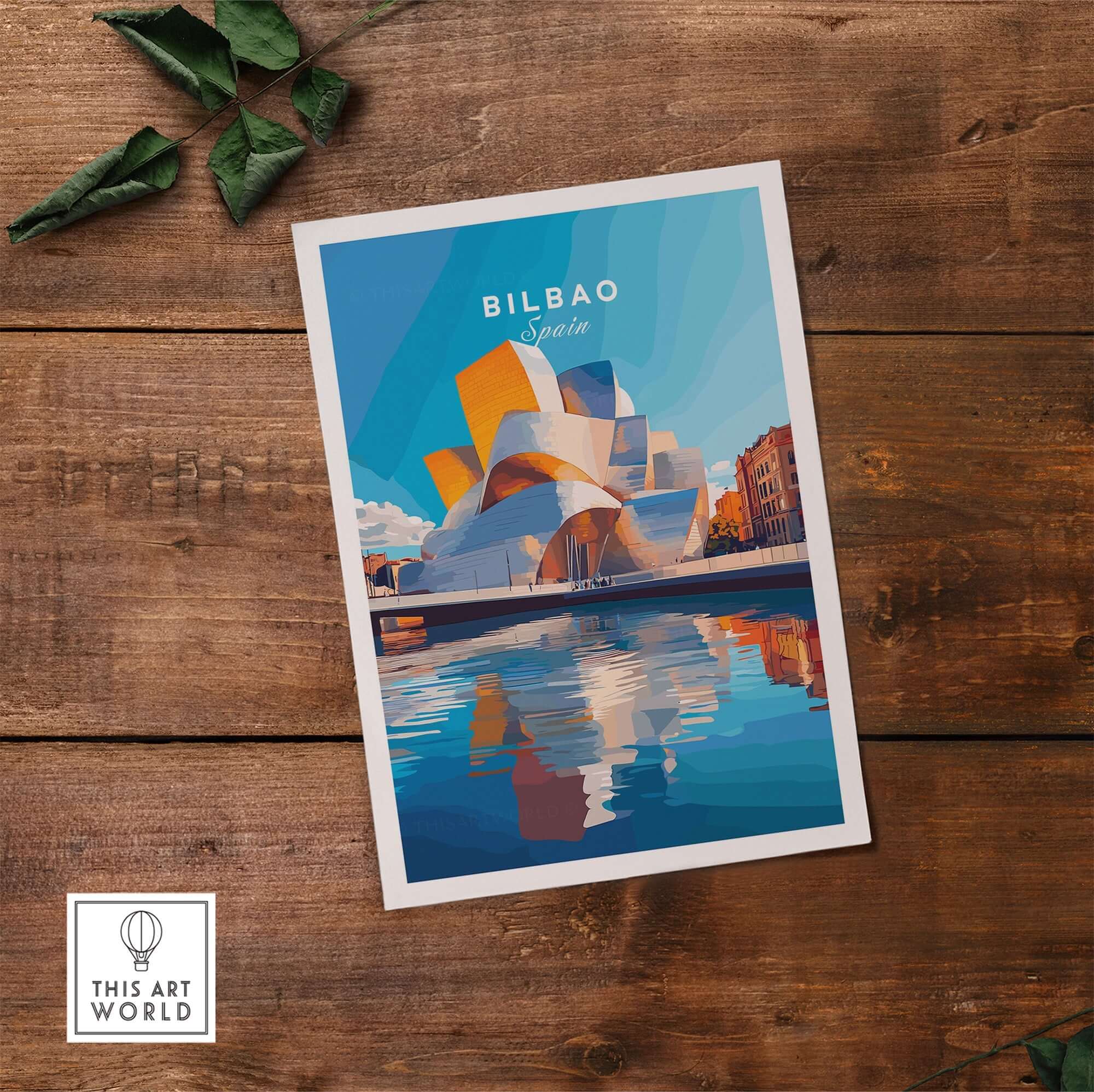 Bilbao Print Spain showcasing the iconic Guggenheim Museum on a colorful background.