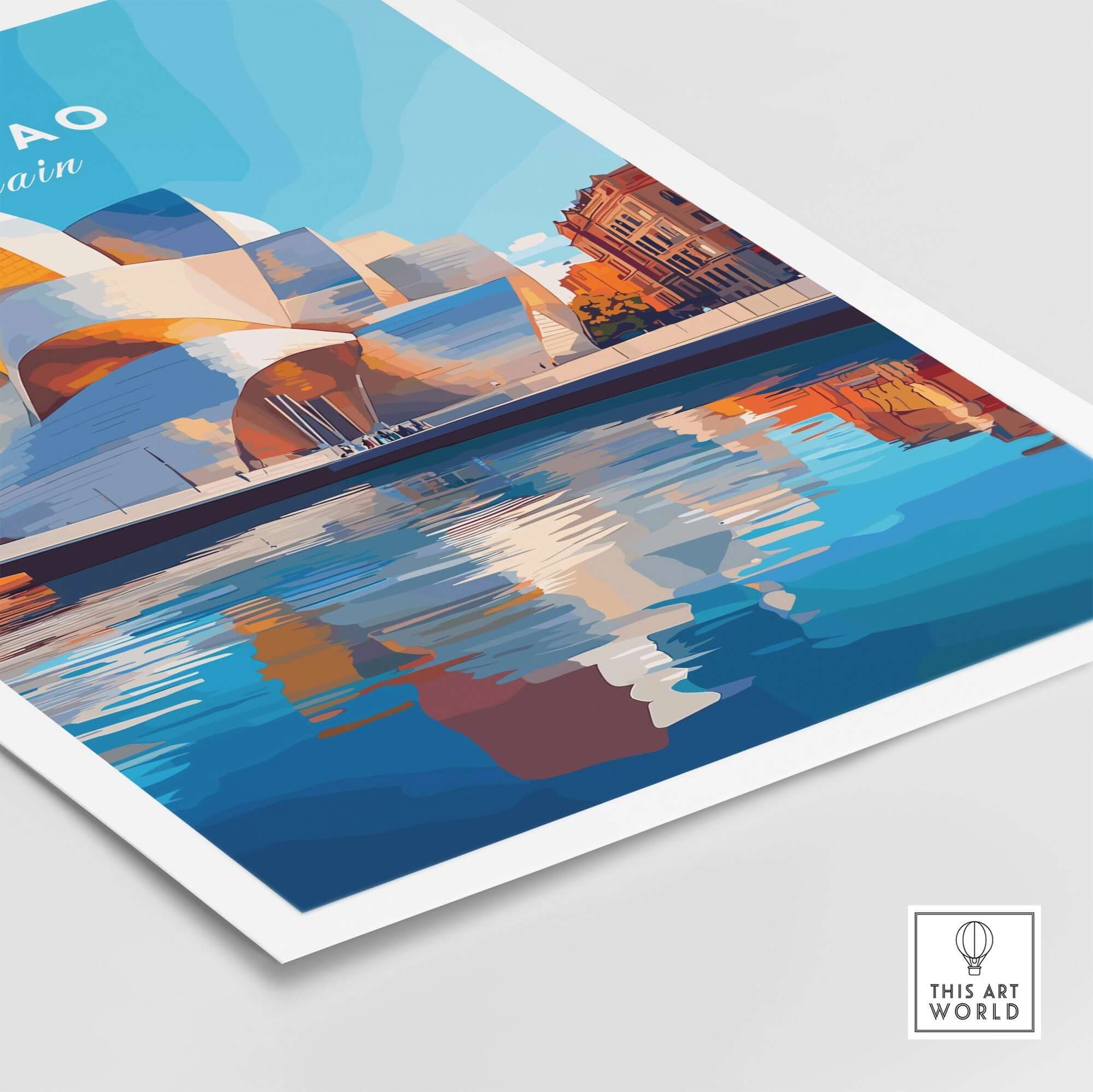 Bilbao Print Spain depicting the stunning architecture and reflections in the waters of Bilbao, Spain.
