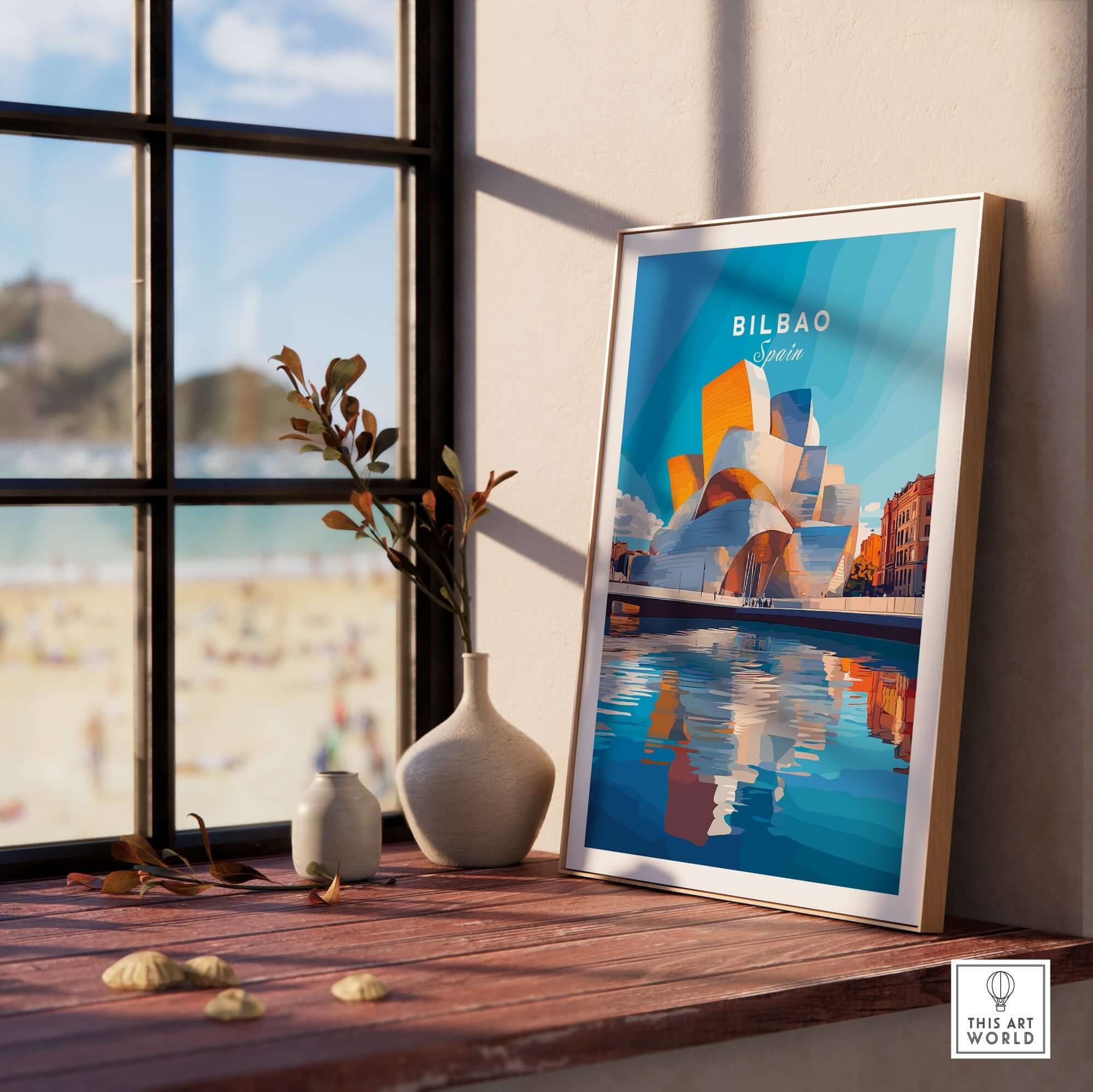 Bilbao Print Spain showcasing vibrant colors and architecture on a sunny day by the beach.