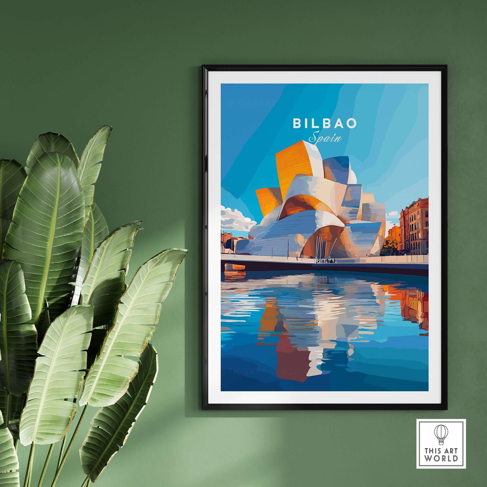 Bilbao Print Spain showcasing the iconic architecture of Bilbao, Spain reflected in water with vibrant colors.