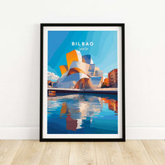 Bilbao Print Spain showcasing the vibrant colors and architectural beauty of Bilbao, Spain with reflections in water.