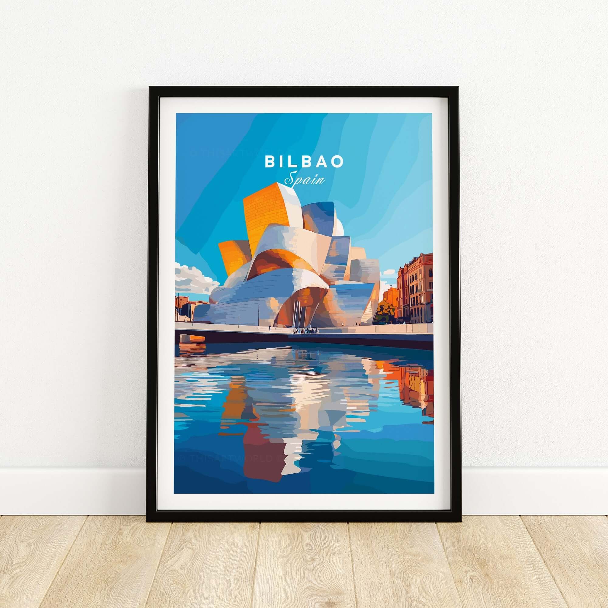 Bilbao Print Spain showcasing the vibrant colors and architectural beauty of Bilbao, Spain with reflections in water.
