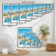 Bilbao Travel Poster size guide showcasing various dimensions and designs in a stylish living room setting.